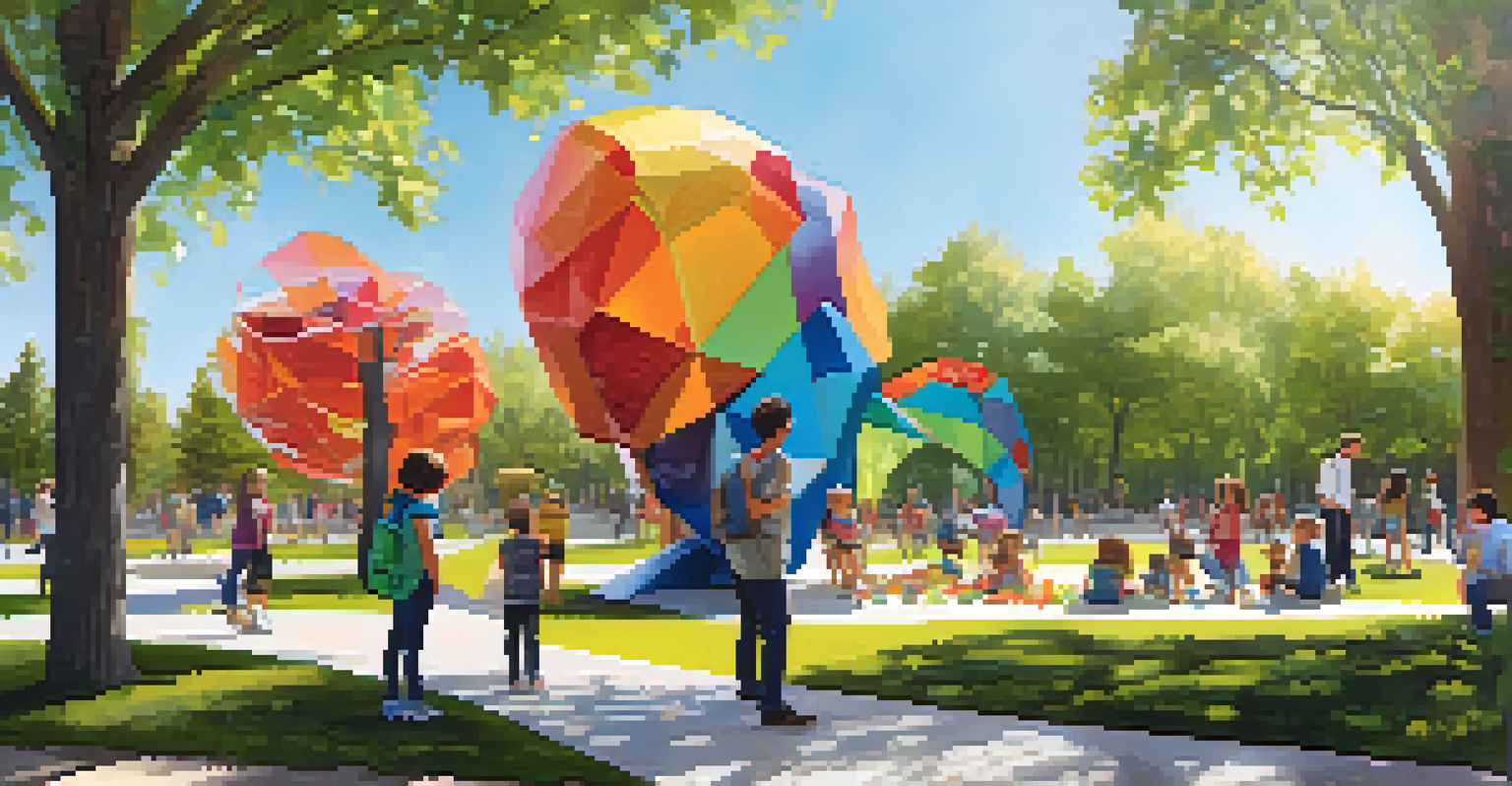 An interactive art installation in a park, made of colorful recycled materials, with families engaging with the artwork.