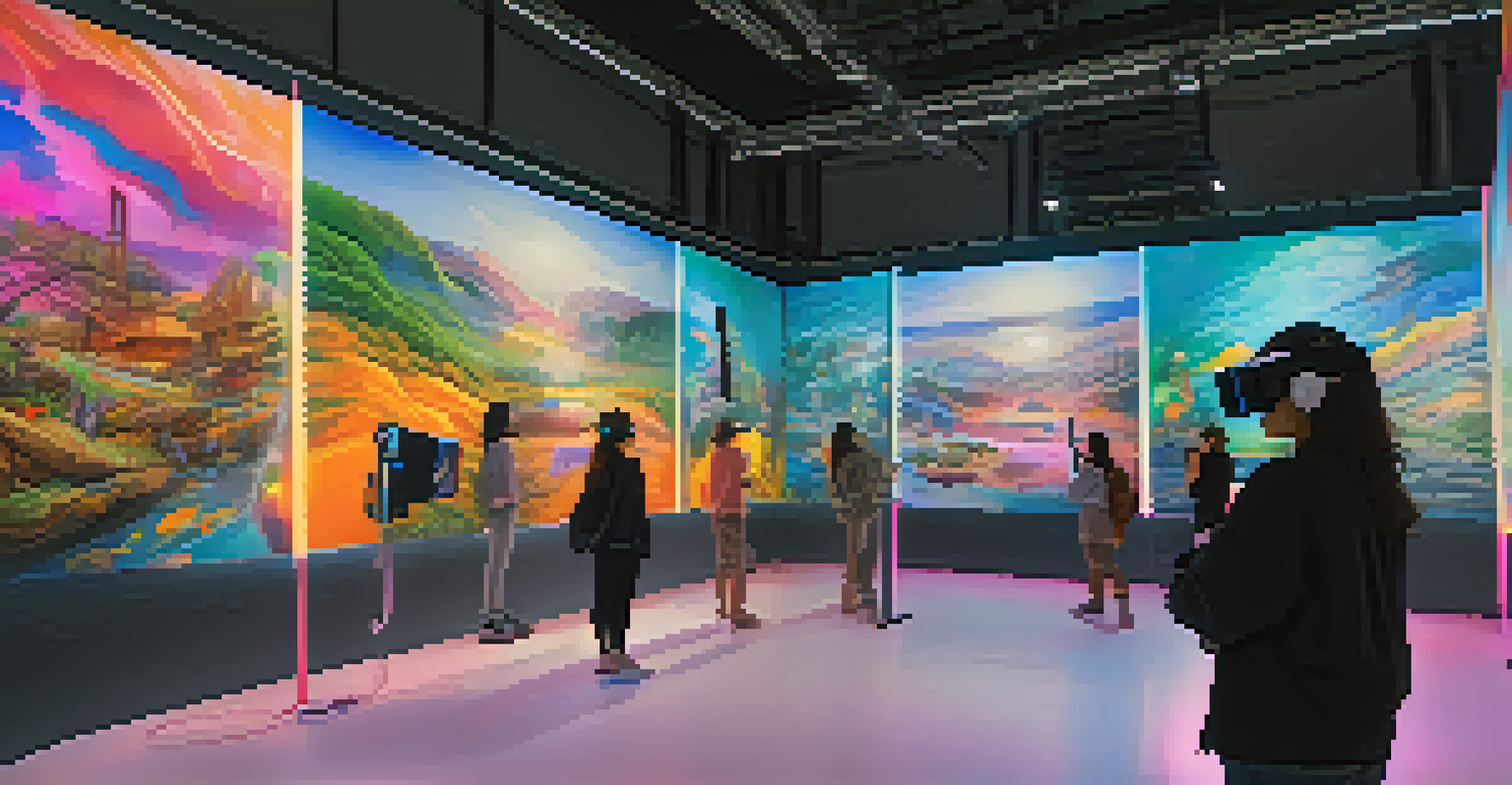 A virtual reality art gallery showcasing diverse artworks with visitors interacting through VR headsets in a futuristic setting.