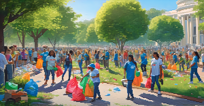 A diverse group of volunteers engaged in a community clean-up in a green park, smiling and working together.