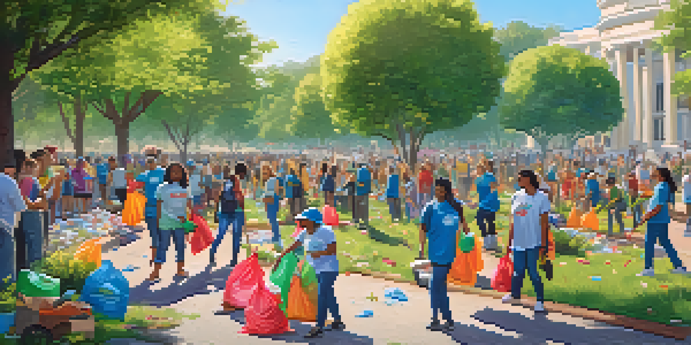 A diverse group of volunteers engaged in a community clean-up in a green park, smiling and working together.
