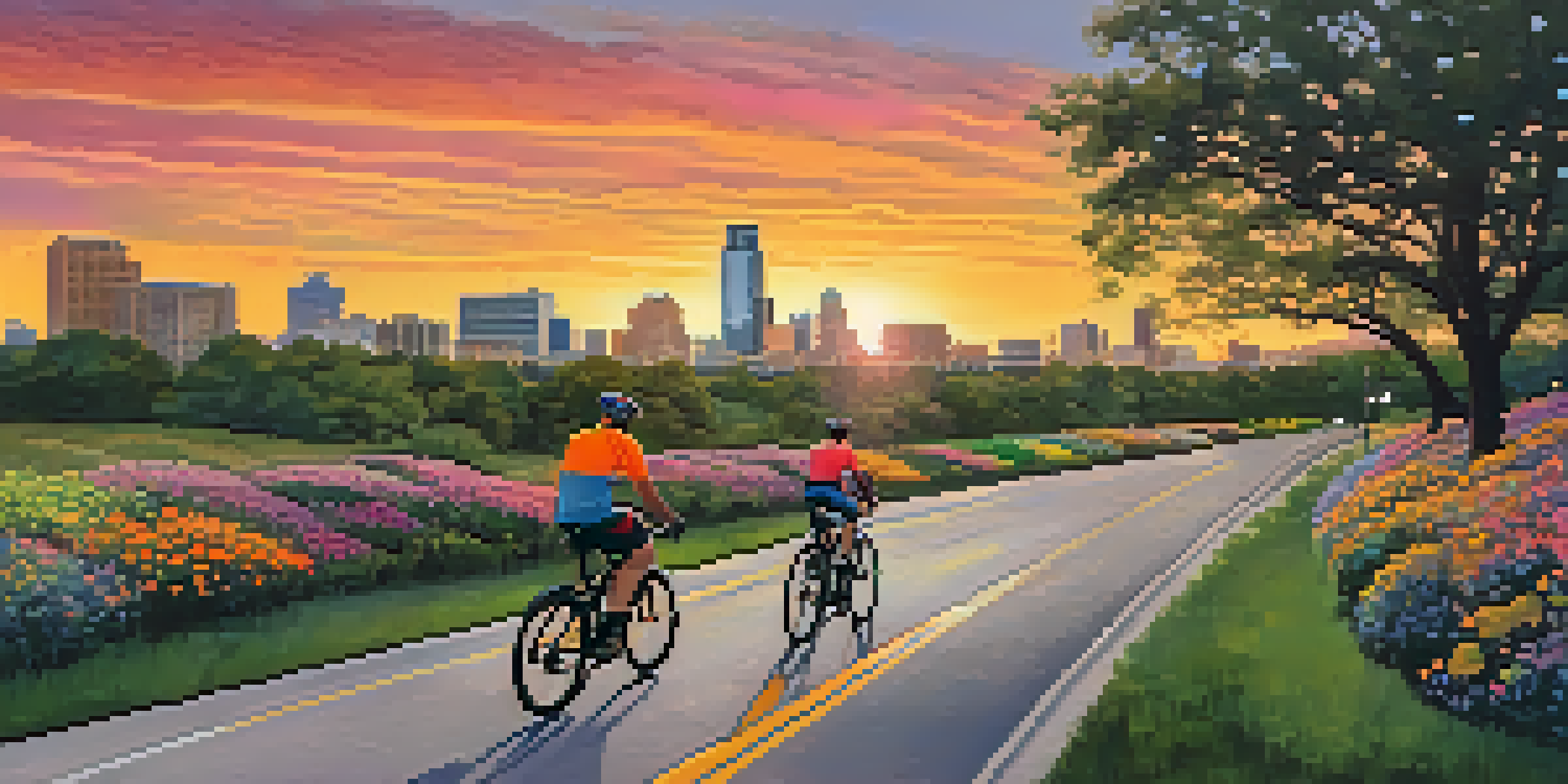 A cyclist in bright reflective gear rides along a scenic biking trail in Austin during sunset, with trees and flowers lining the path and the city skyline in the background.