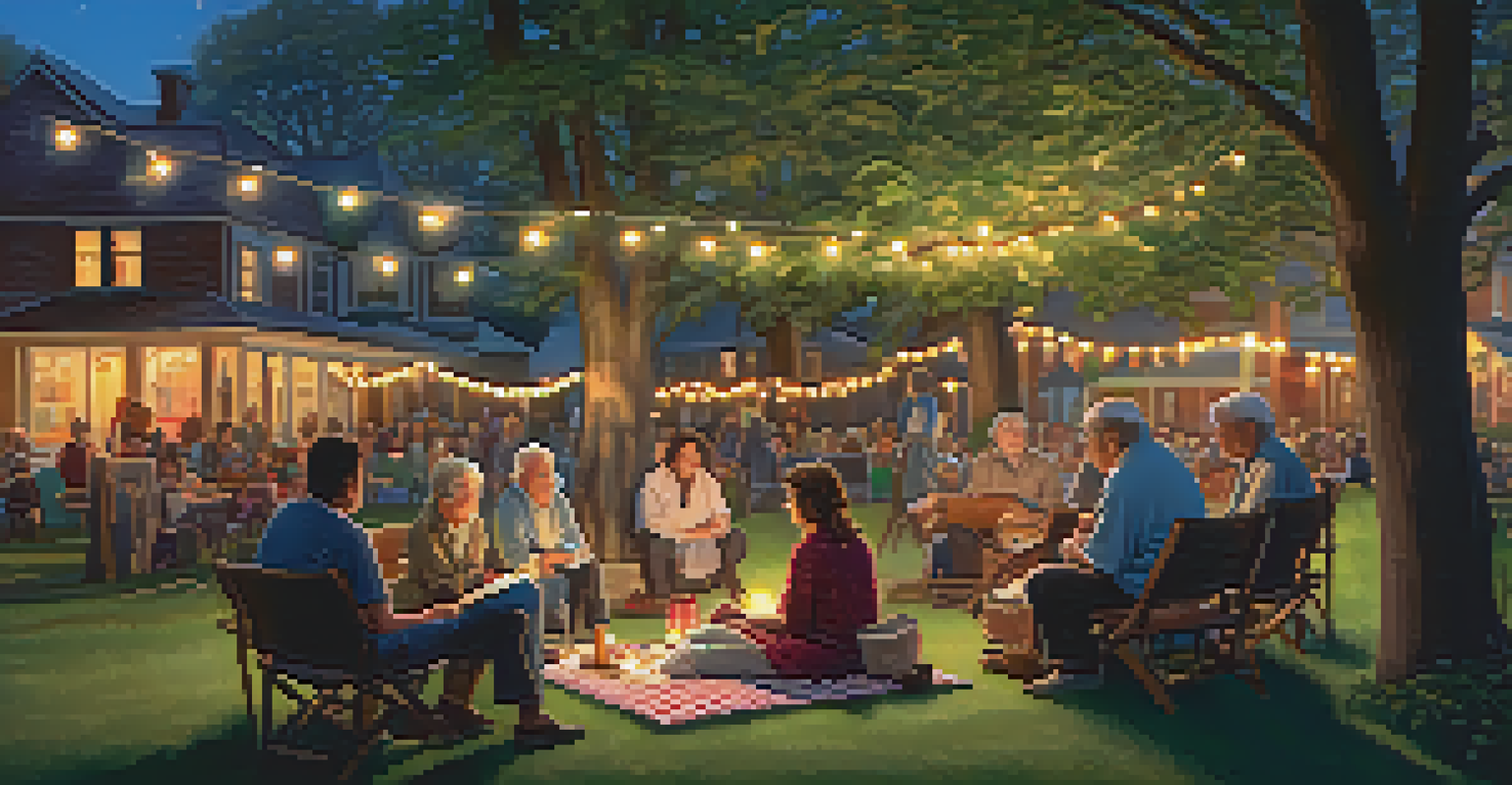 A local storytelling event in an outdoor park with residents listening to an elder share local legends, surrounded by trees and fairy lights.
