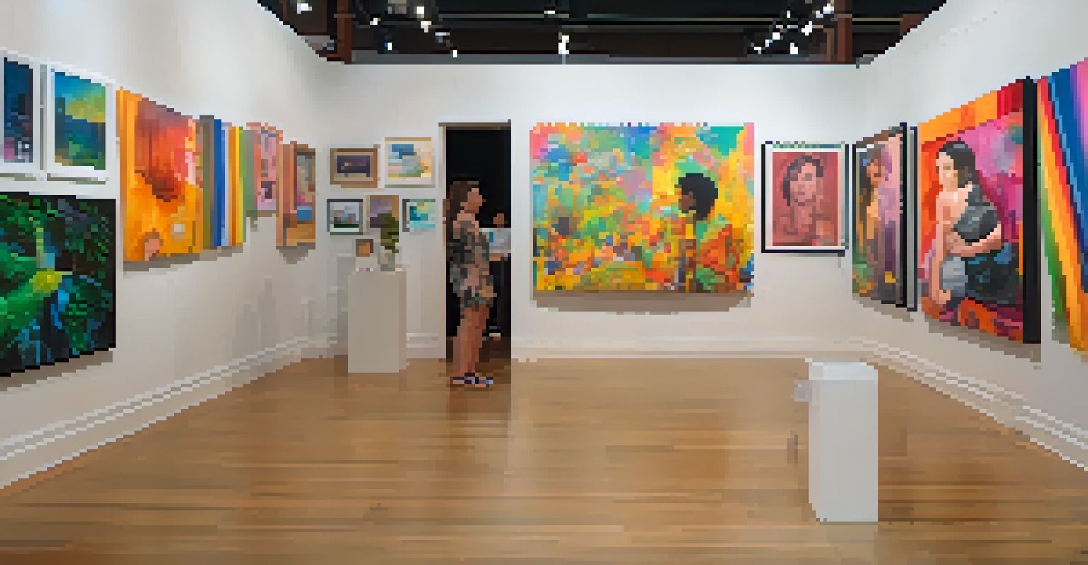 A gallery exhibition displaying colorful artwork from diverse LGBTQ+ artists, with visitors engaging in conversation about the pieces.
