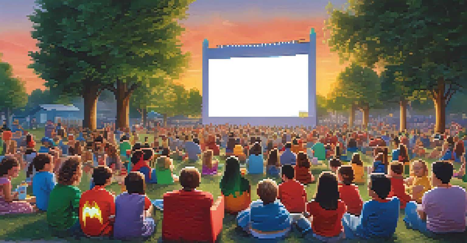 A community outdoor movie night with children in superhero costumes and families enjoying the film.