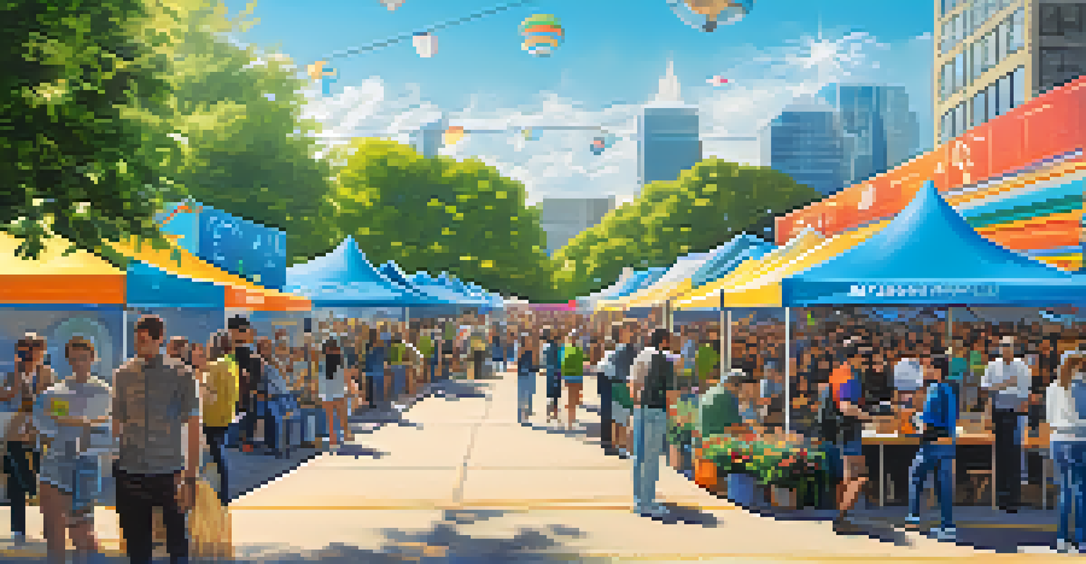 An outdoor tech startup event in Austin with booths displaying AI applications and attendees interacting, set against a sunny backdrop.