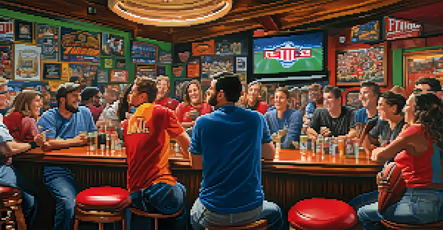 A diverse group of sports fans in a bar, discussing a game with team memorabilia and screens showing live sports.