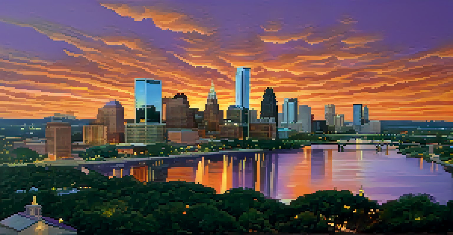 Aerial view of Austin's skyline at sunset, with colorful reflections in the sky and the Colorado River below.
