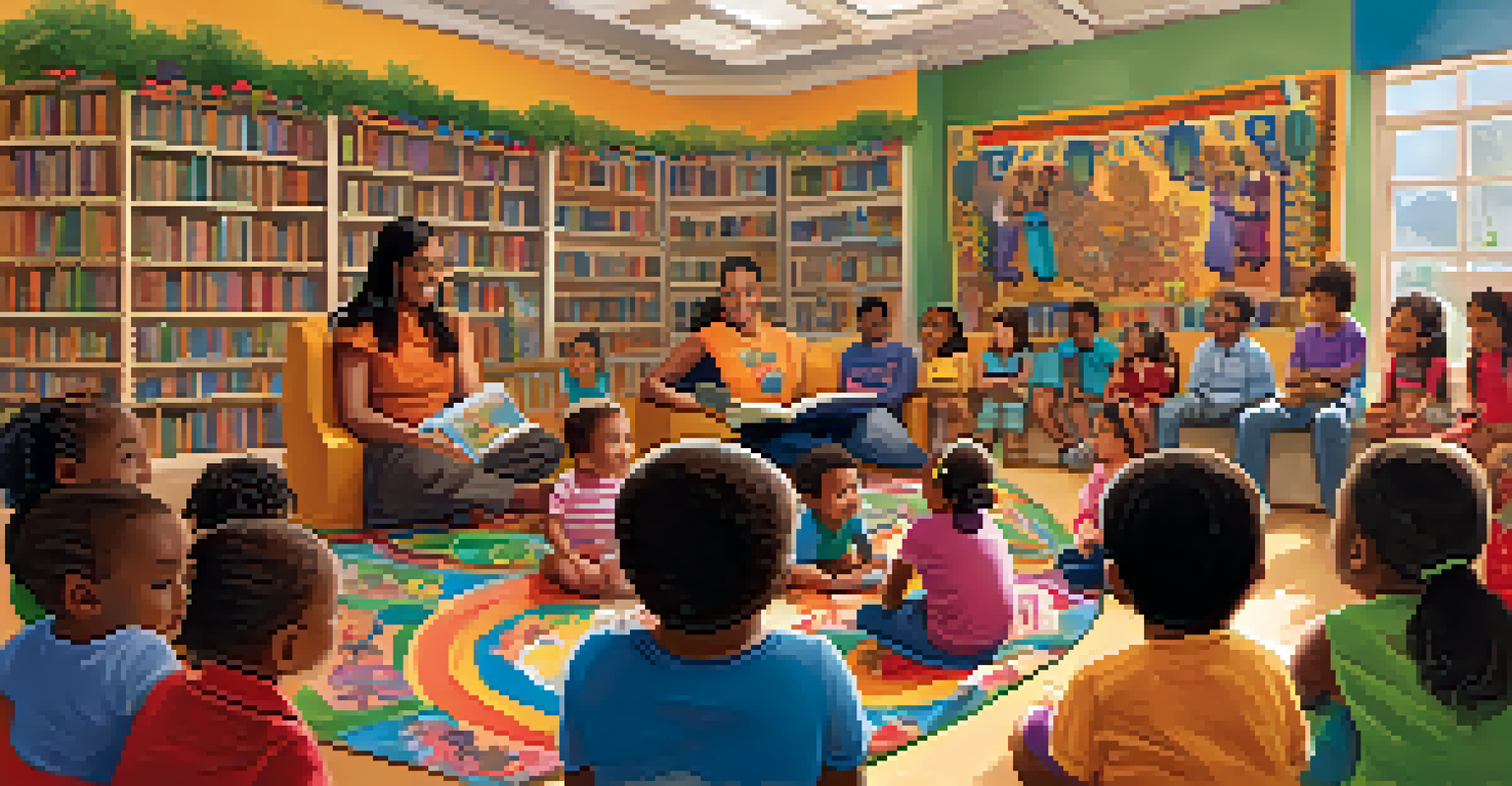 Children and parents gathered for a multicultural storytime event at a bookstore, with a storyteller engaging them in a lively atmosphere.