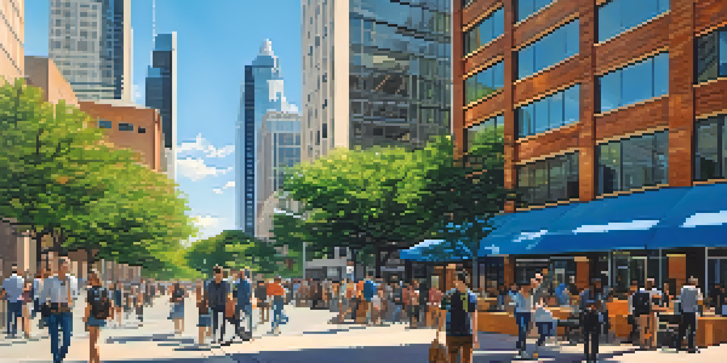 A lively street in Austin with modern office buildings, young professionals, and greenery, representing a tech hub.