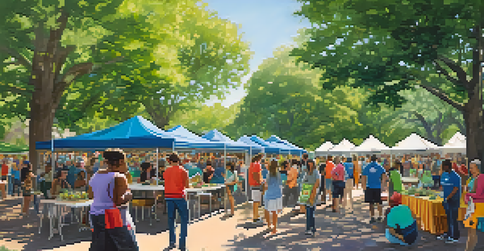 A lively community event in a park featuring diverse individuals participating in social impact activities, surrounded by greenery and colorful banners.