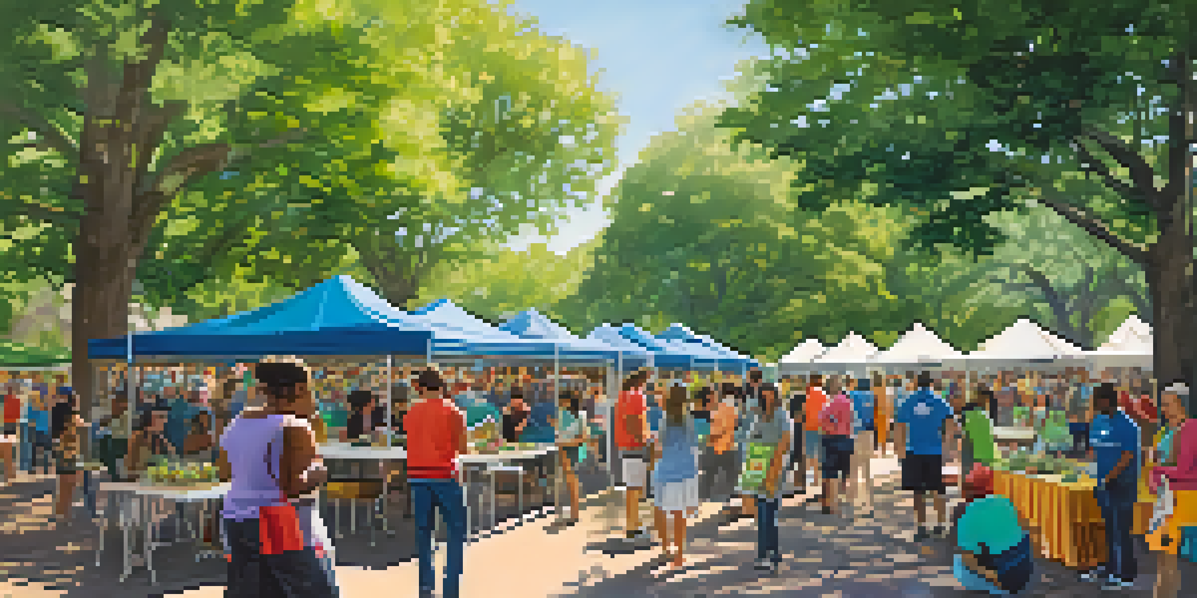 A lively community event in a park featuring diverse individuals participating in social impact activities, surrounded by greenery and colorful banners.