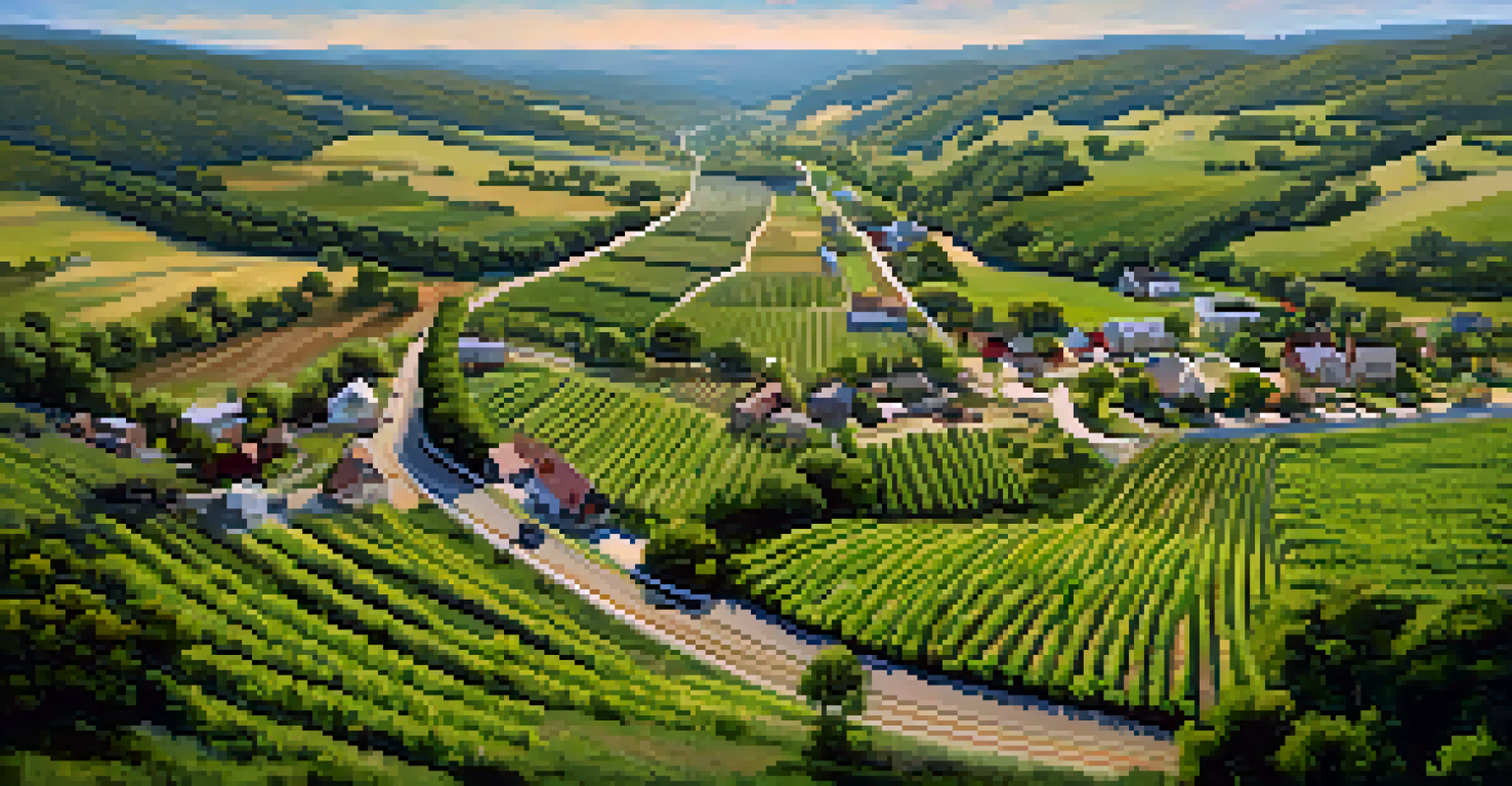 Aerial view of Fredericksburg Wine Road showcasing wineries, hills, and shops along the scenic route.