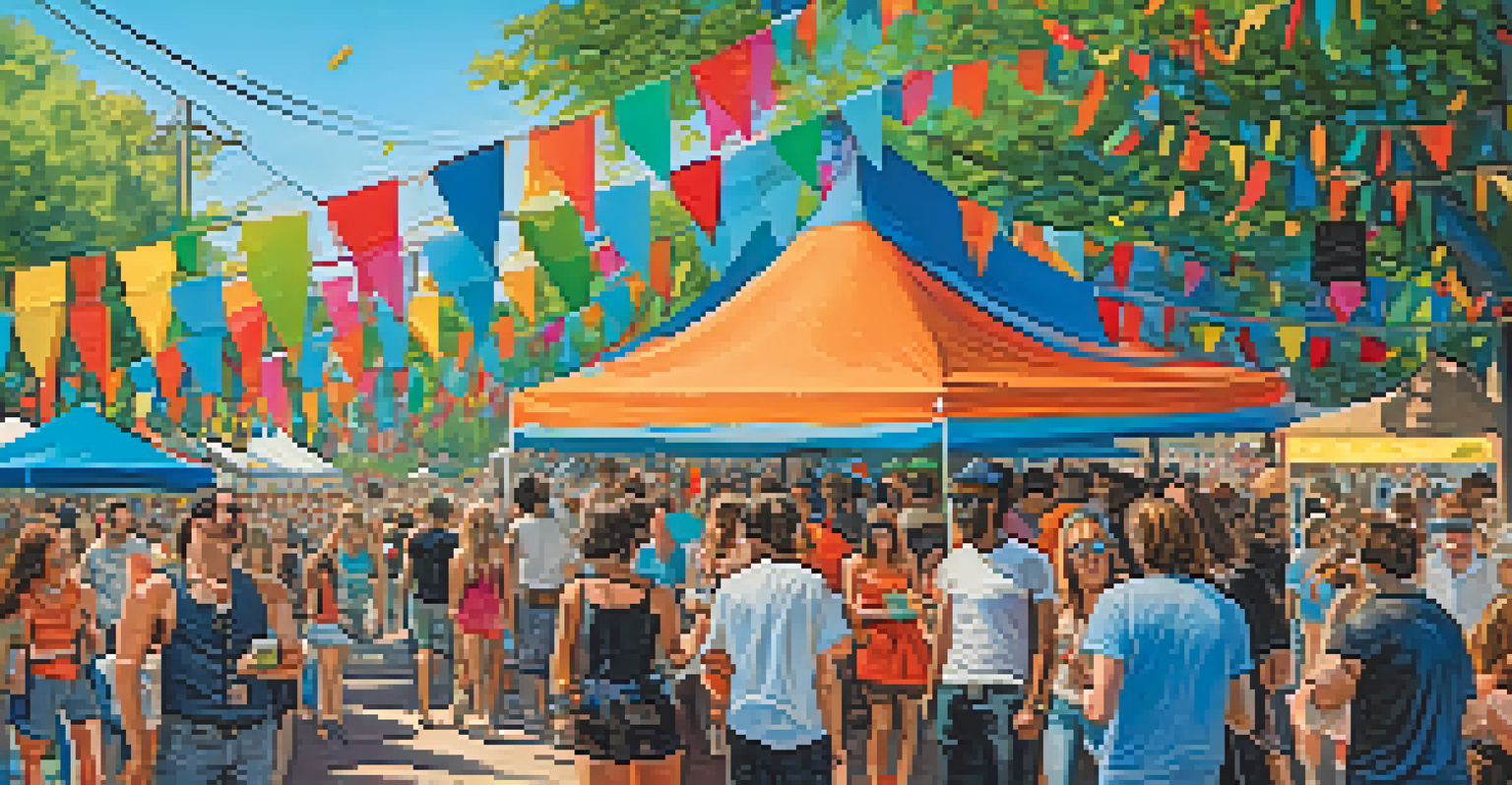 An outdoor festival in Austin with indie and rock bands, colorful banners, and a lively crowd.