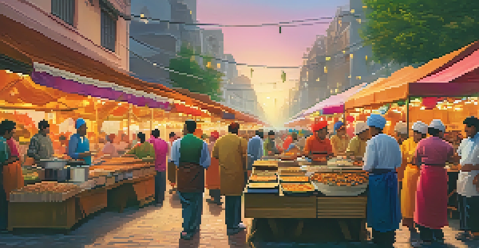 A lively food festival with diverse people enjoying local dishes at colorful stalls under warm sunset lighting.