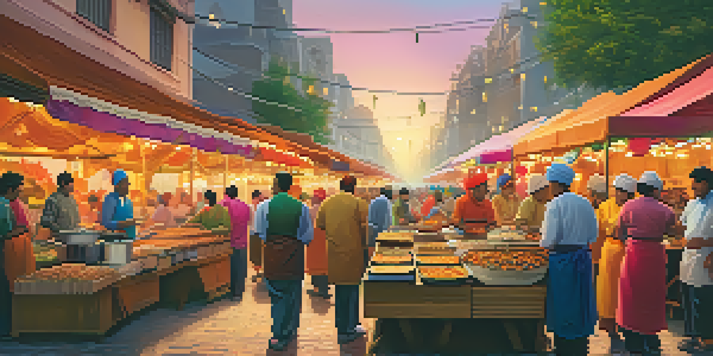 A lively food festival with diverse people enjoying local dishes at colorful stalls under warm sunset lighting.