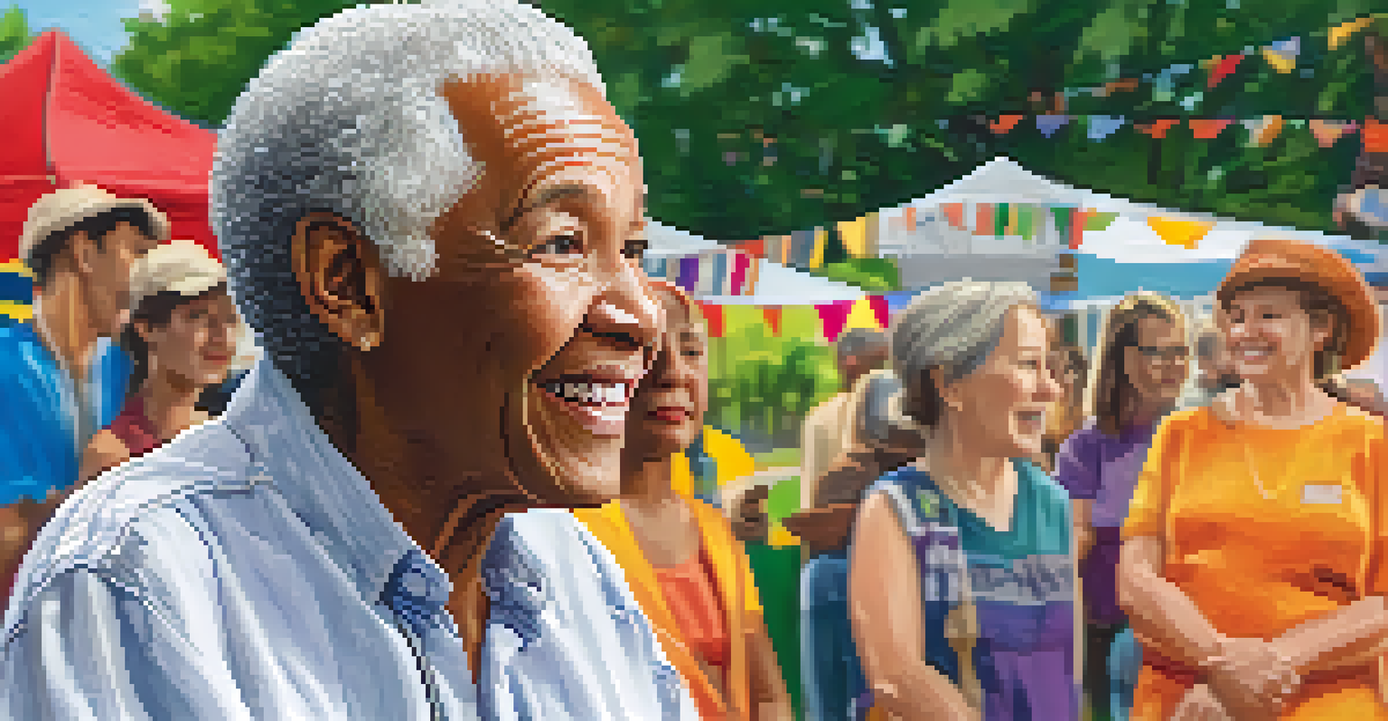 An elderly person sharing their personal story at a community event, with a captivated audience and colorful banners in the background.