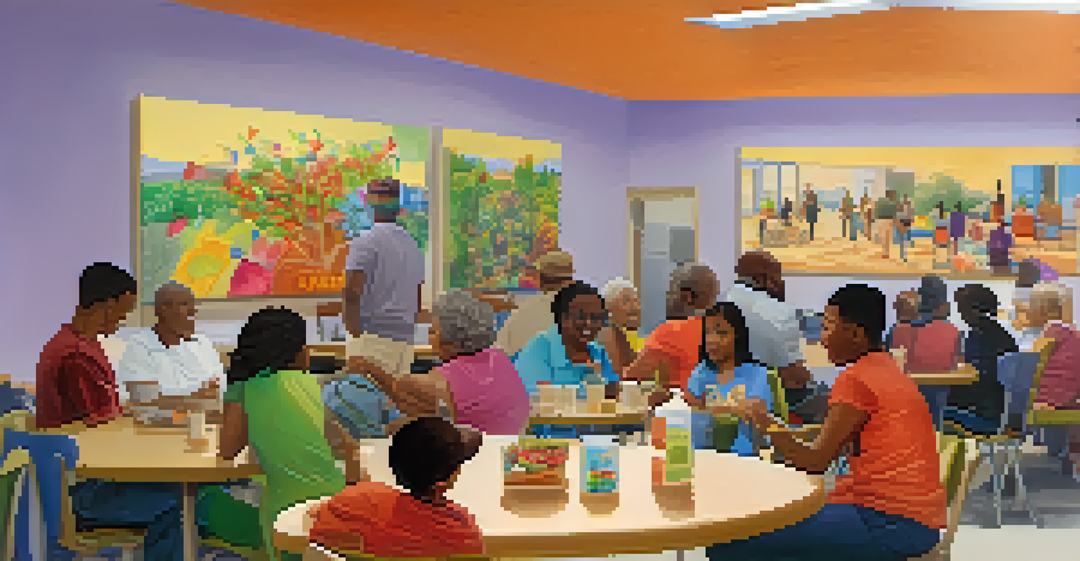 A busy community center in Austin with people of different ages in a support group session, surrounded by colorful artwork and snacks.