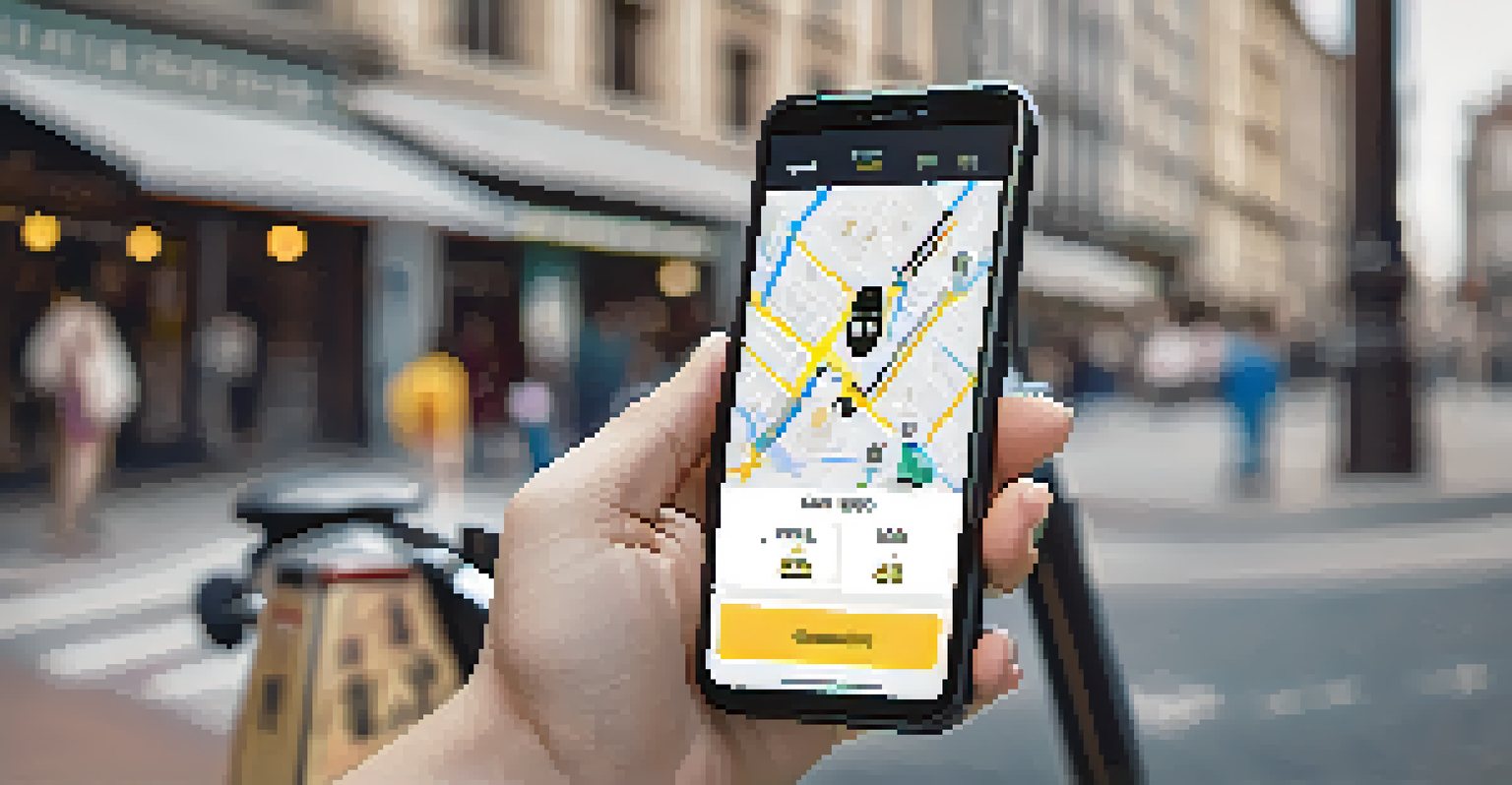 A close-up of a smartphone showing an electric scooter rental app, with a scooter in the background on a busy urban sidewalk.