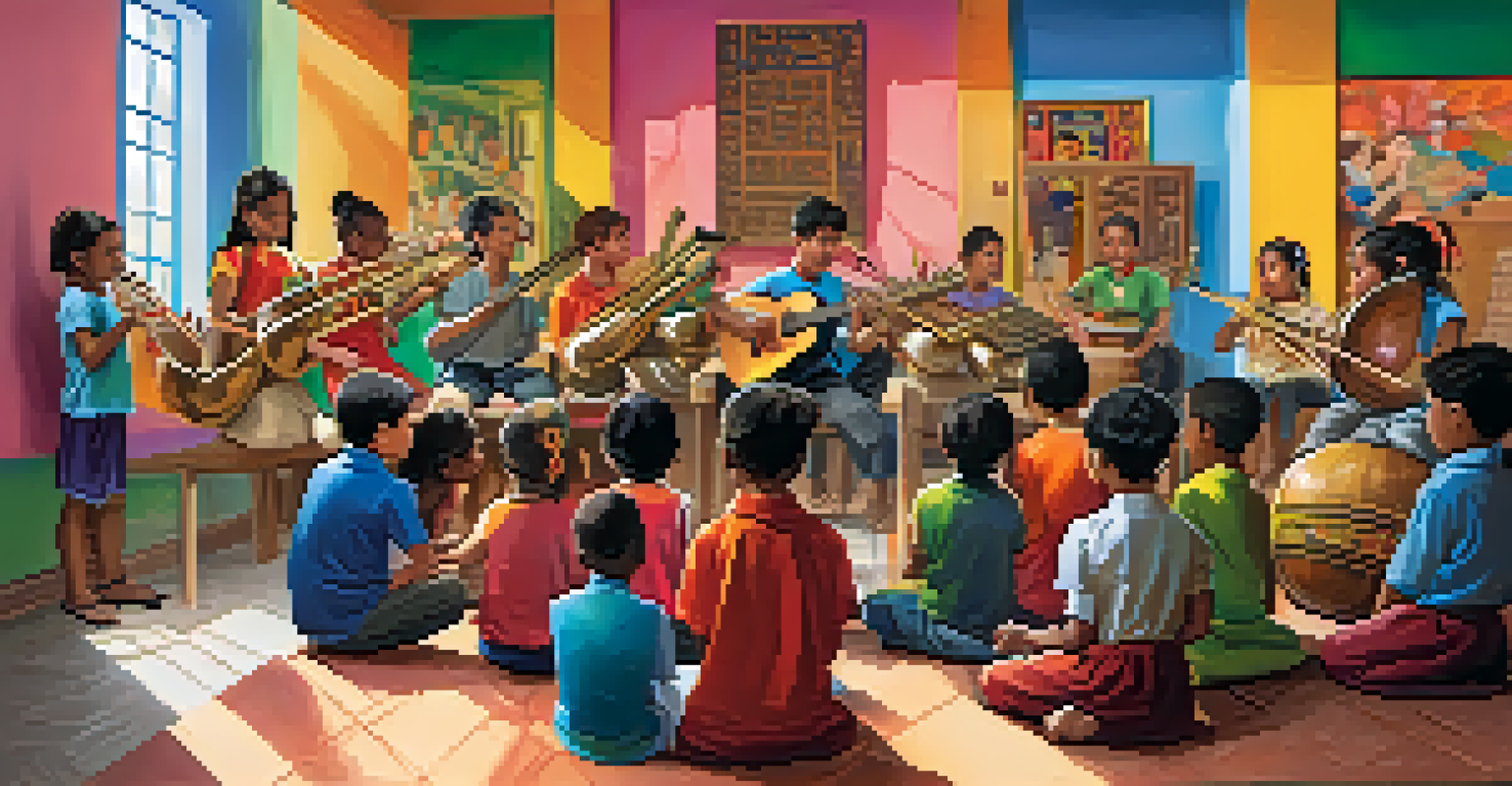 A classroom with students participating in a world music workshop, learning to play traditional instruments under the guidance of a diverse instructor.