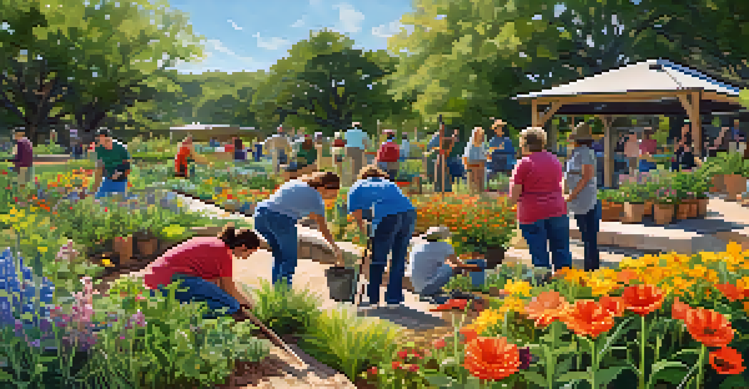 Participants engaging in community gardening at the Lady Bird Johnson Wildflower Center, surrounded by colorful flowers and greenery.