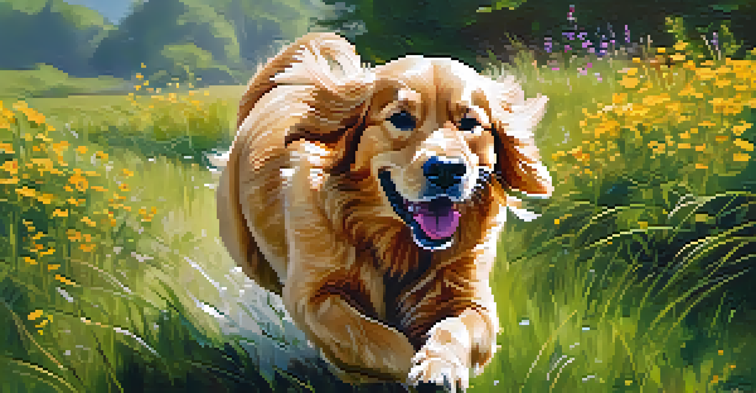 A golden retriever running with a frisbee in its mouth, showcasing its joyful expression in a vibrant grassy setting.