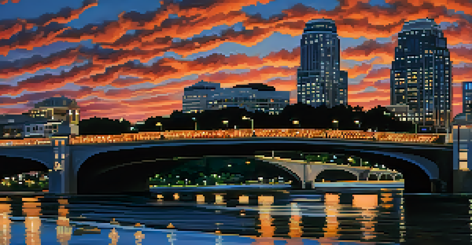 The Congress Avenue Bridge at dusk with bats flying out and city lights in the background.