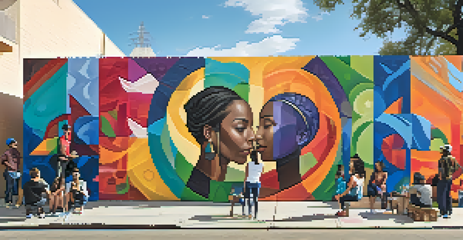 A group of diverse artists collaborating on a vibrant mural in Austin, surrounded by an urban setting and onlookers admiring the artwork.