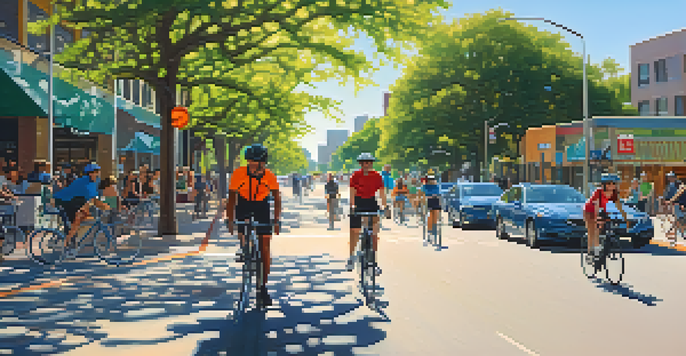 A colorful scene of cyclists riding on bike lanes in Austin, surrounded by greenery and modern buildings under a bright blue sky.