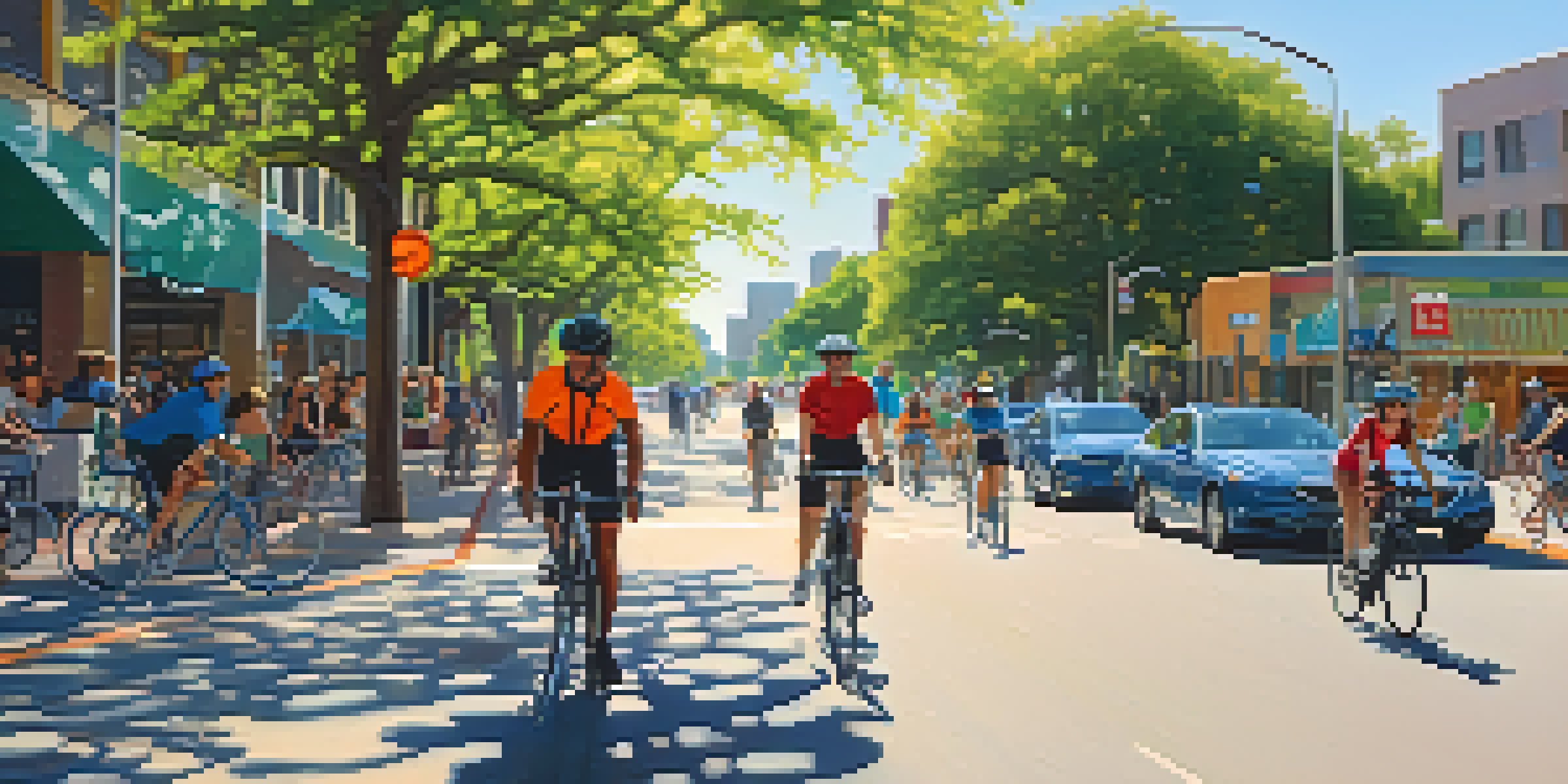 A colorful scene of cyclists riding on bike lanes in Austin, surrounded by greenery and modern buildings under a bright blue sky.
