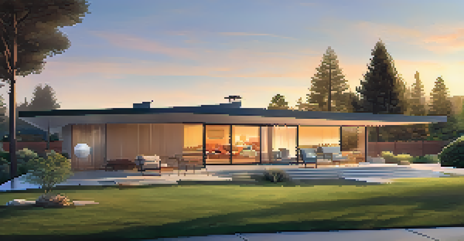 A Mid-Century Modern home with large windows and a sunset backdrop.