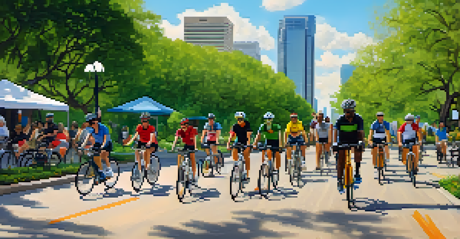 A diverse group of cyclists riding together on a sunny day in Austin, smiling and showcasing their biking gear against a backdrop of green parks and urban scenery.