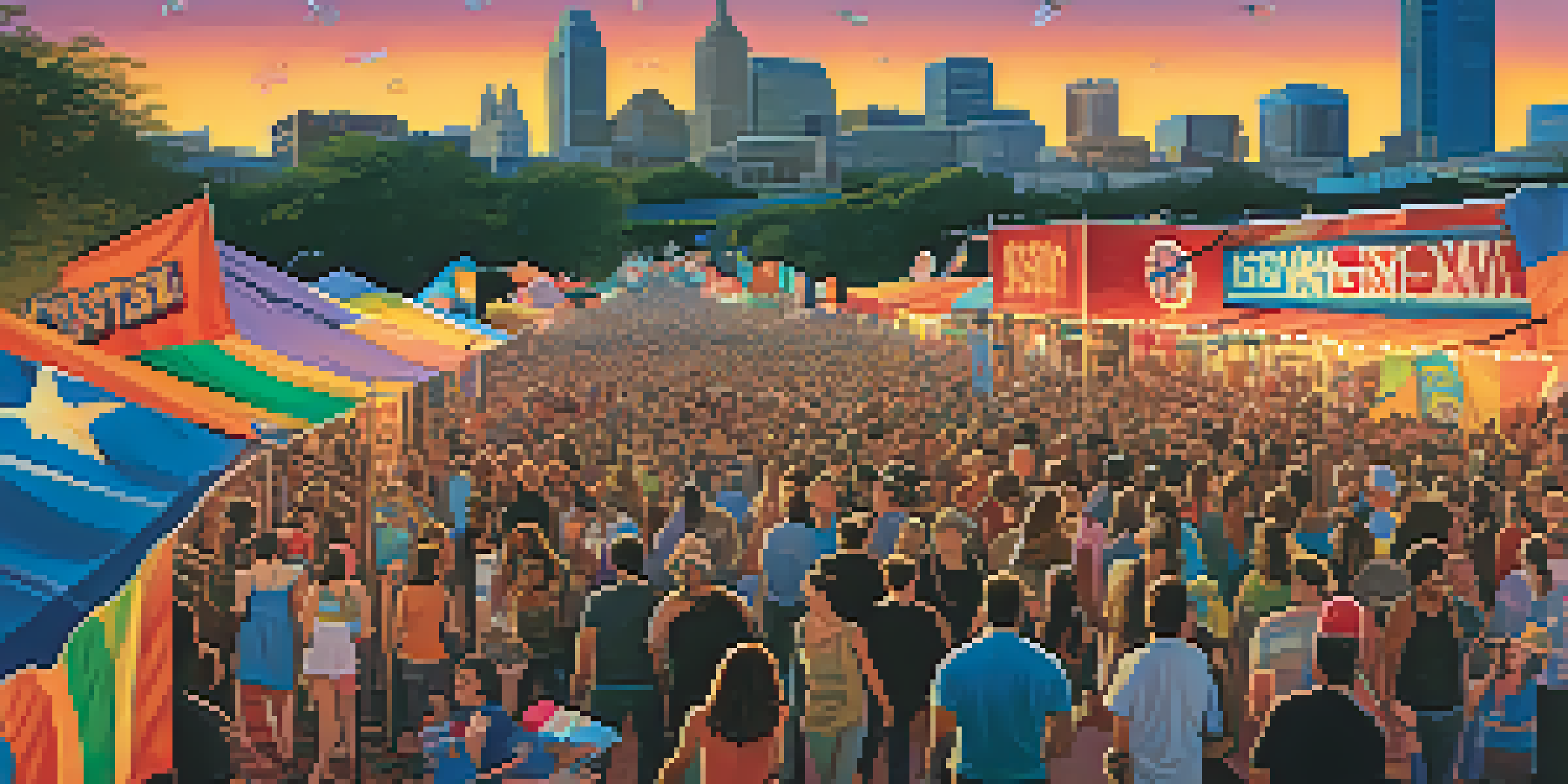 A lively SXSW festival scene in Austin, showcasing a diverse crowd enjoying an outdoor film screening with colorful banners and a sunset skyline.