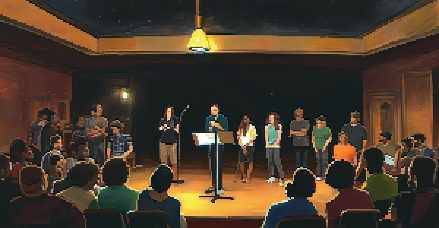 An intimate open mic night at a poetry venue in Austin, featuring a poet on stage and an engaged audience in a dimly lit room.