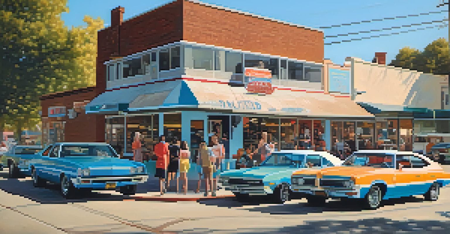 A nostalgic high school hangout scene from the 1970s with vintage cars and retro clothing.