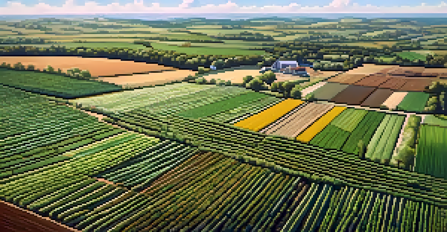 An aerial view of agricultural fields with a drone flying above, capturing the landscape.