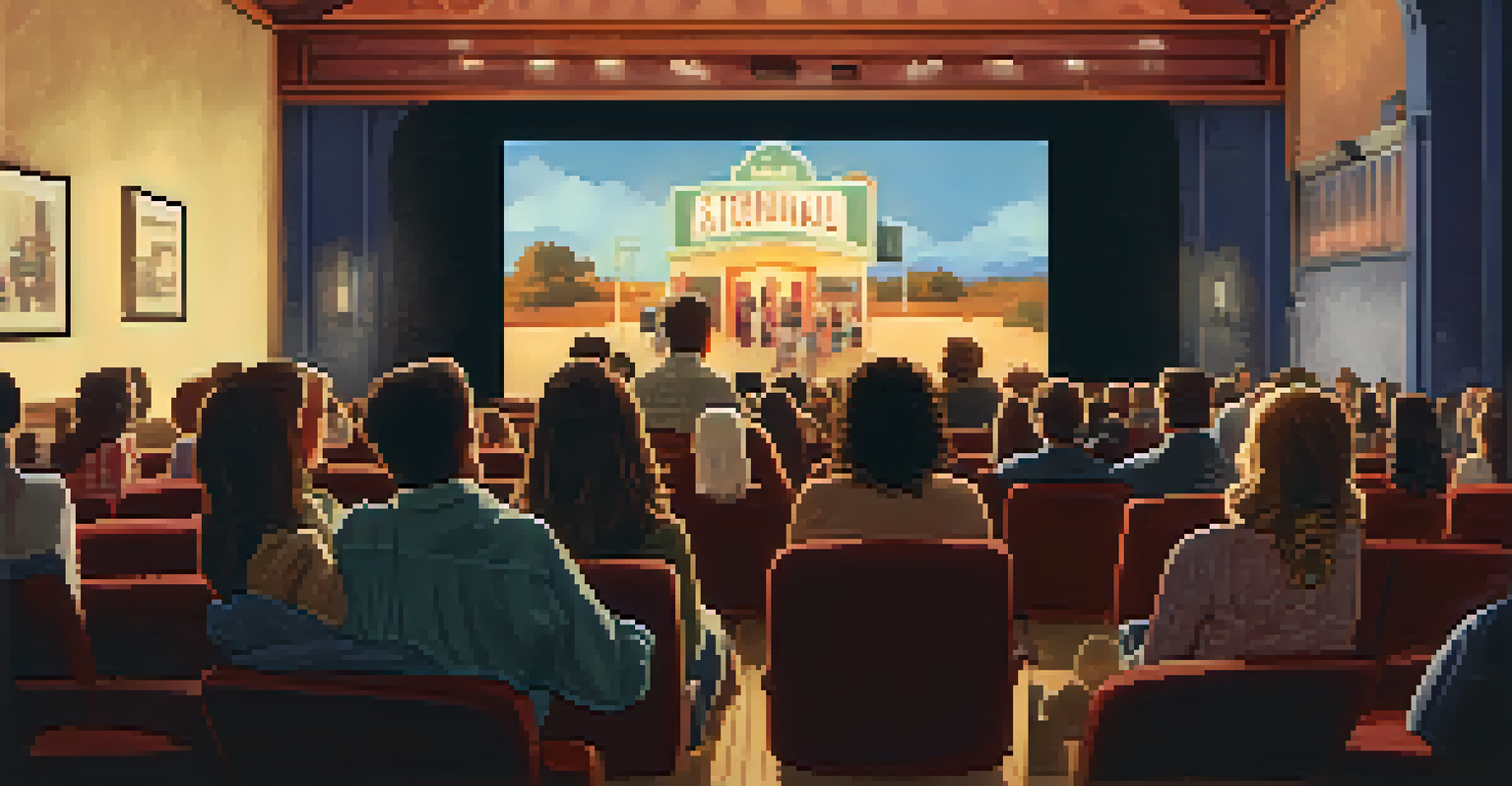 A diverse audience at an independent film screening in Austin, engaged and emotional in a warmly lit vintage cinema.