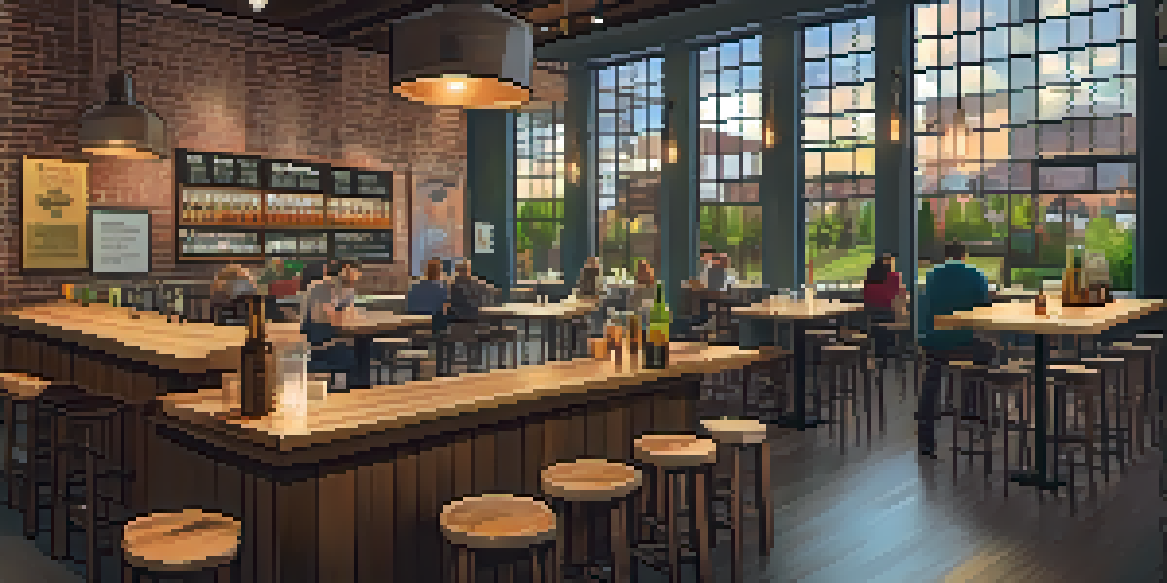 A warm and inviting craft brewery interior featuring wooden tables, barrels, and patrons enjoying drinks, with a chalkboard menu and a view of a garden outside.