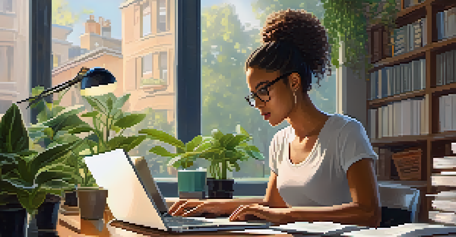 A woman focused on coding in a cozy workspace, with programming books and plants around her, representing empowerment in technology.