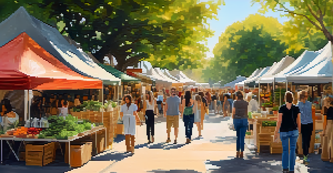 An outdoor market in Austin featuring local designers displaying sustainable fashion items under soft sunlight.