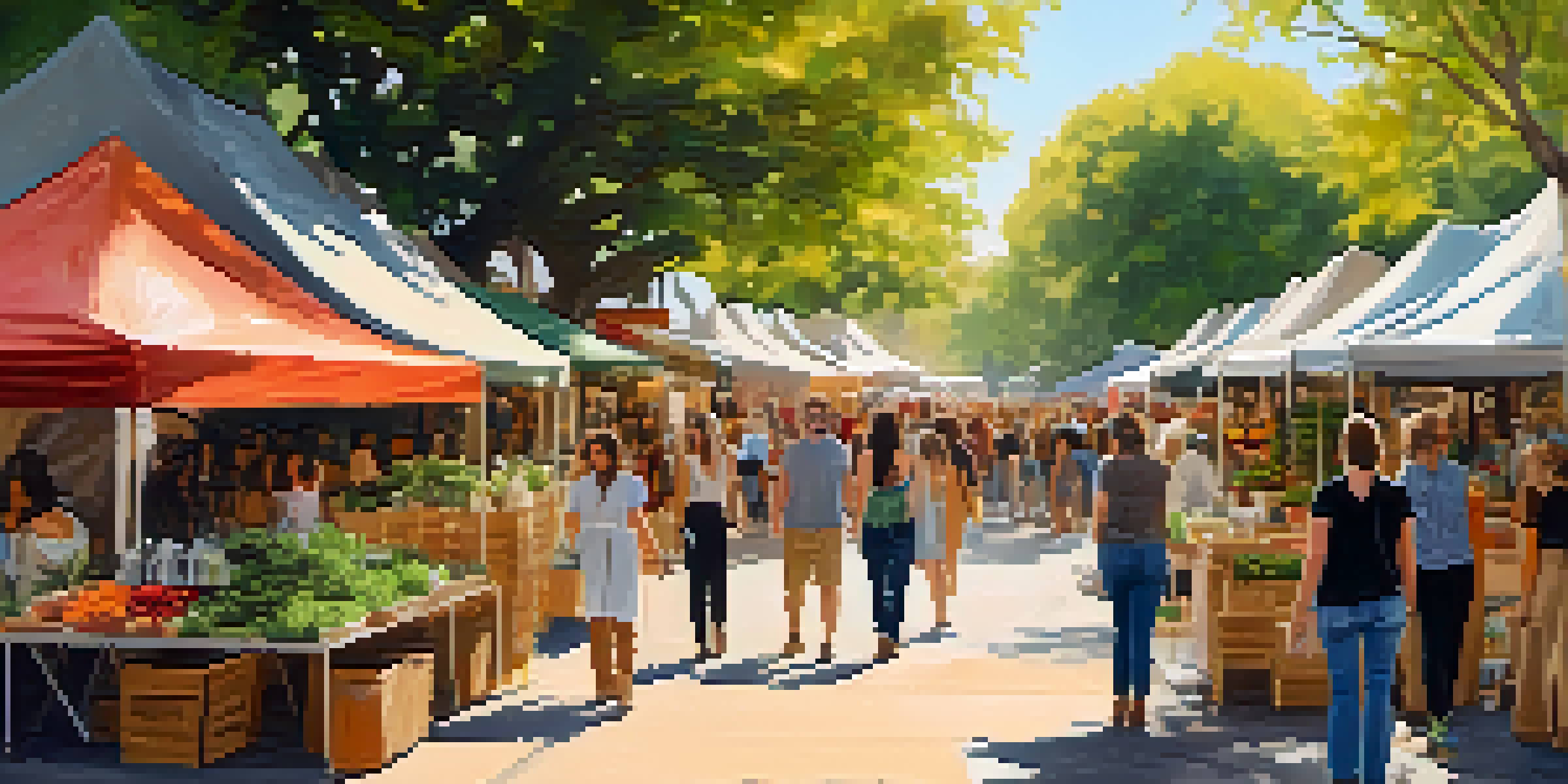 An outdoor market in Austin featuring local designers displaying sustainable fashion items under soft sunlight.