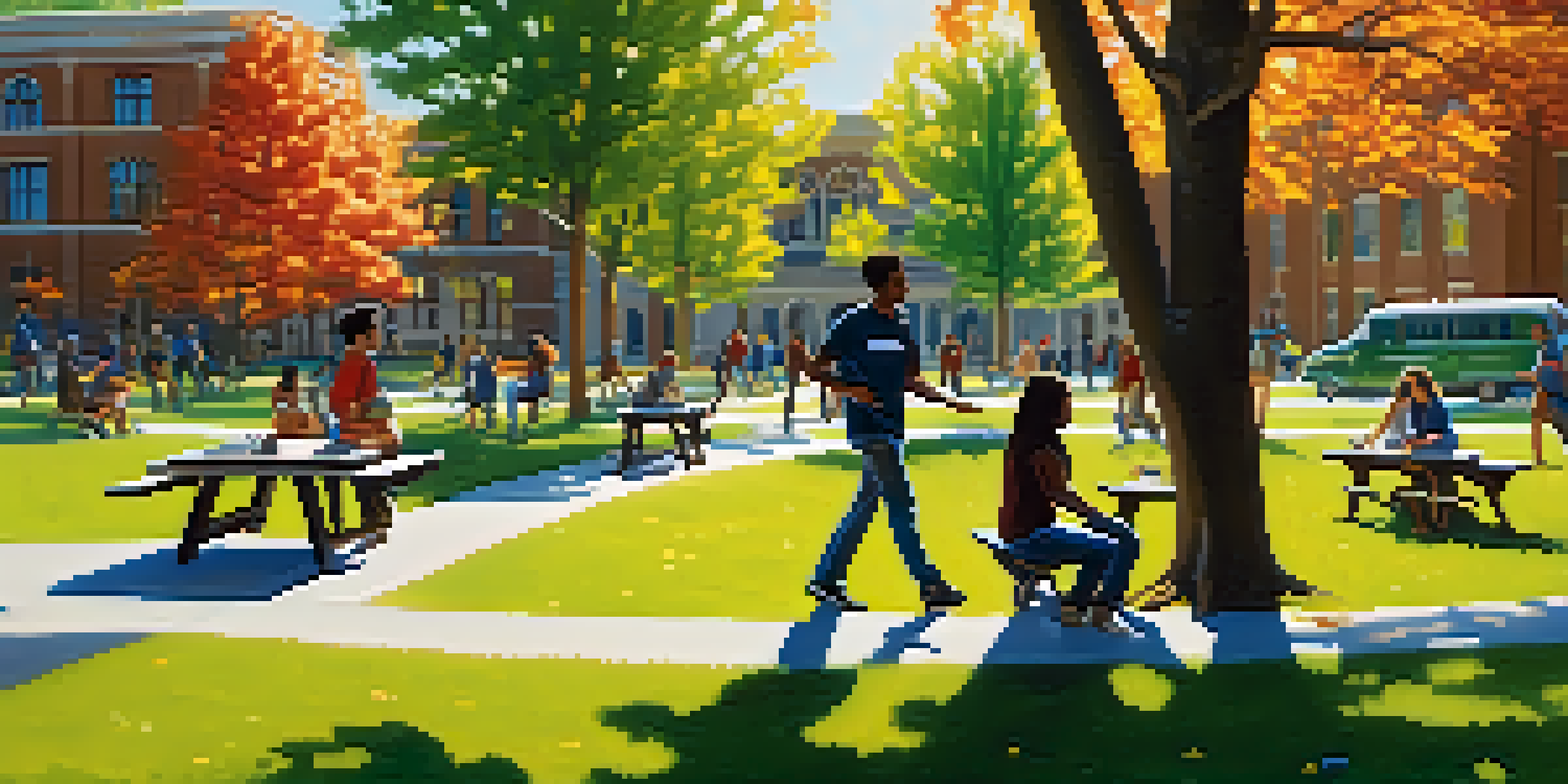 A diverse group of students on a university quad, engaging in various activities under dappled sunlight.