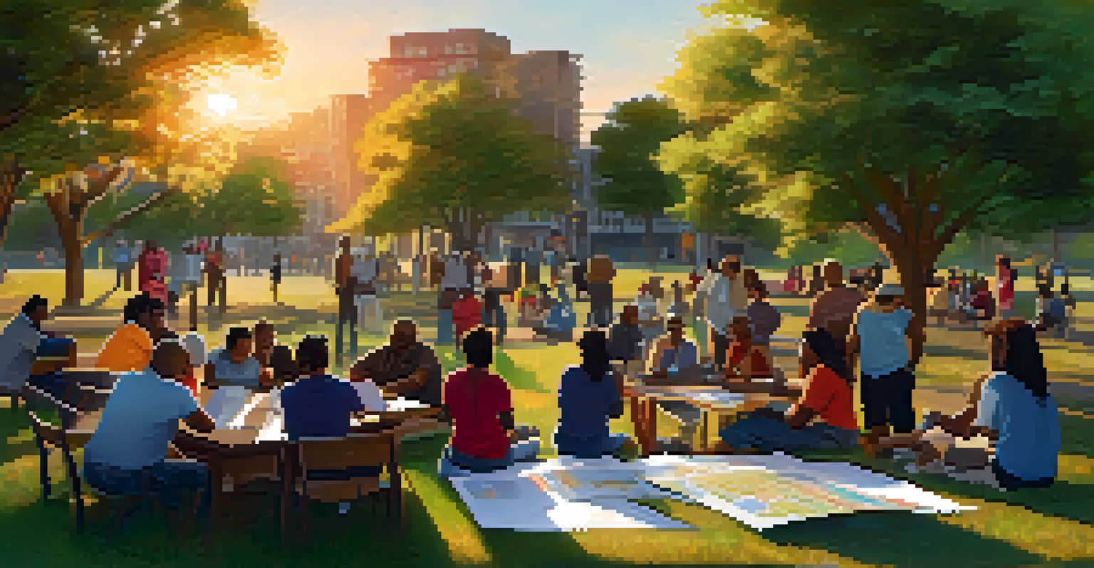 A community meeting in a park with diverse participants engaged in discussion during sunset.