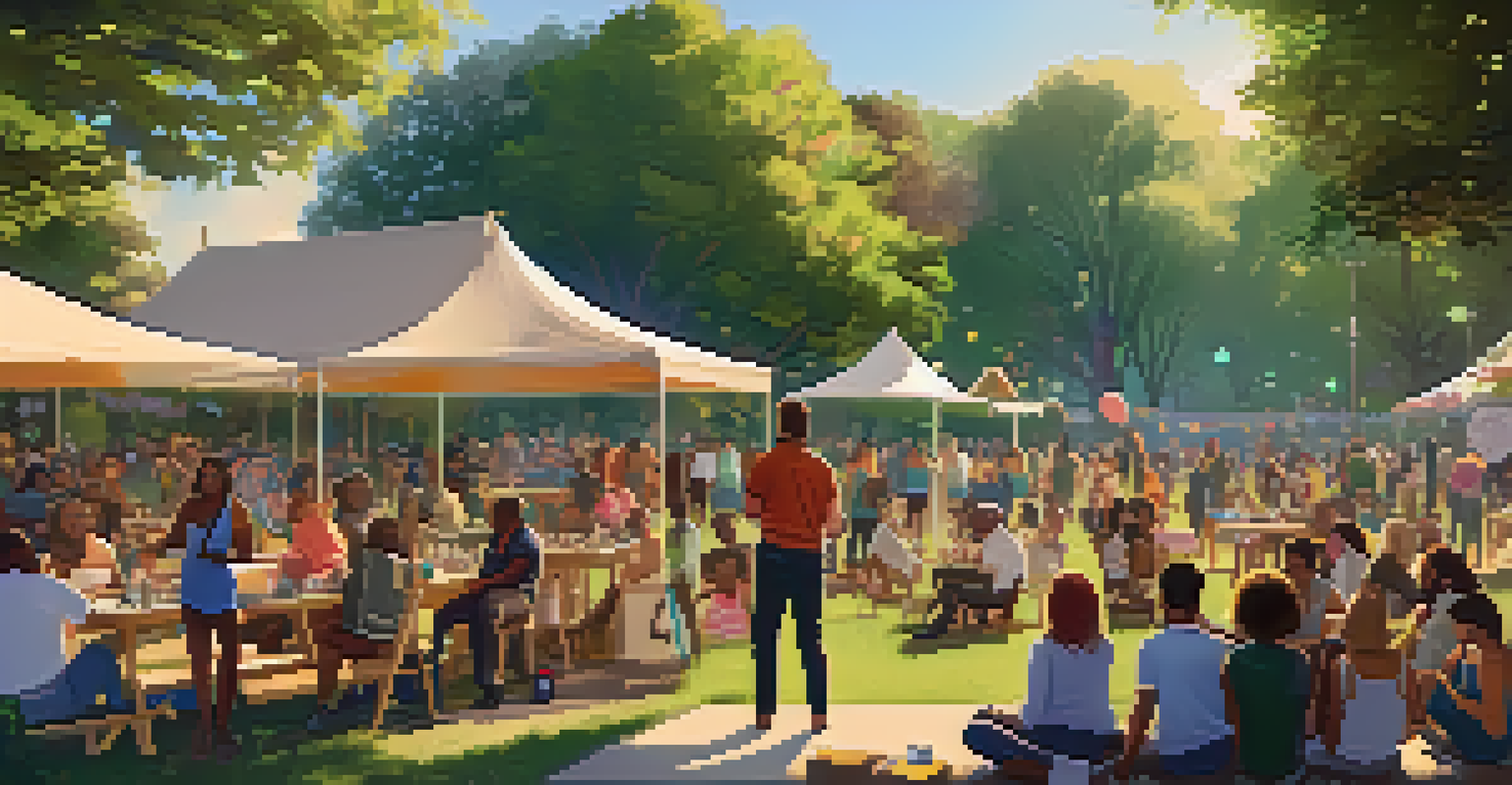 A community gathering in a park promoting LGBTQ+ rights, with banners, greenery, and people engaged in conversation.