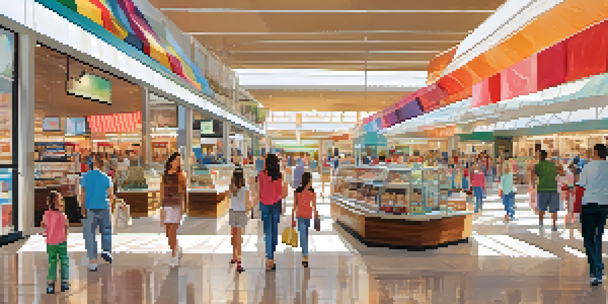 A busy shopping mall interior with shoppers and a family enjoying ice cream, bright natural light from skylights, and modern architecture.