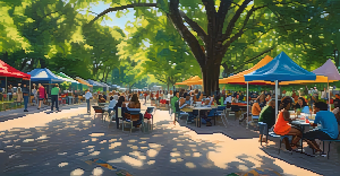 A community workshop in a lively urban park with diverse residents brainstorming together under trees and colorful banners.