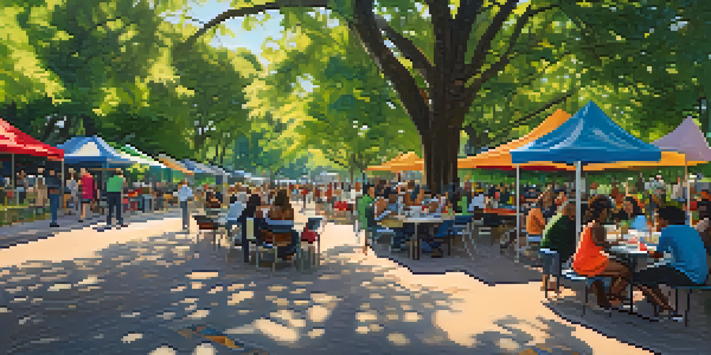 A community workshop in a lively urban park with diverse residents brainstorming together under trees and colorful banners.