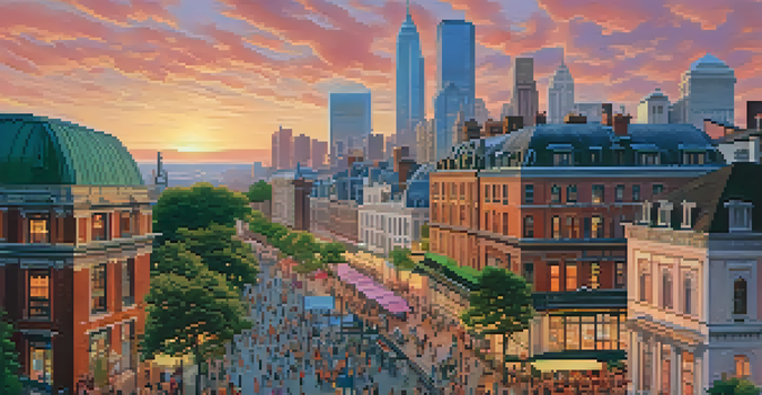 A panoramic view of a historic city skyline at sunset, showcasing a blend of modern and Victorian architecture with people in a lively square.