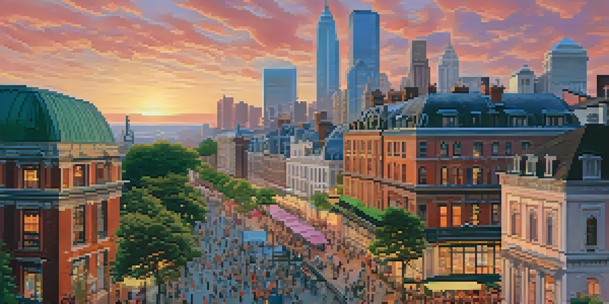 A panoramic view of a historic city skyline at sunset, showcasing a blend of modern and Victorian architecture with people in a lively square.