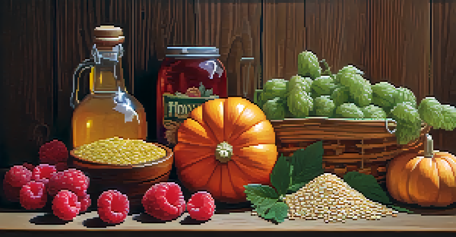 A creative arrangement of seasonal brewing ingredients including grains, hops, and fruits on a wooden surface in natural light.