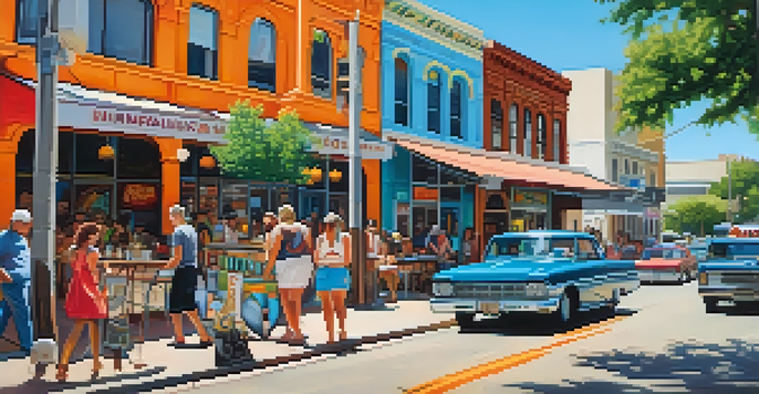 A lively street view in South Congress, Austin, featuring colorful shops, food trucks, and murals with the Texas State Capitol in the background.